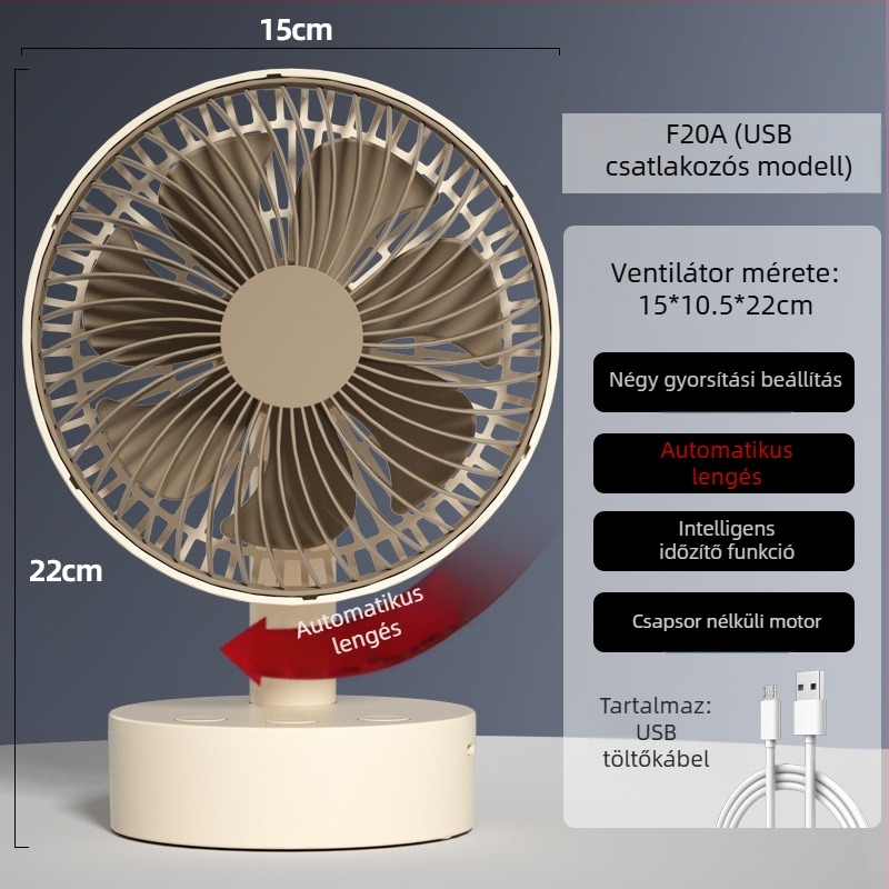 USB asztali ventilátor 4 sebességgel, brushless motor, beépített 1200-2000mAh akkumulátor, alacsony zajszint 36 dB alatt, alkalmas 5–30 m²-re