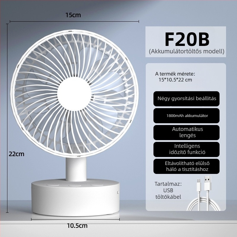 USB asztali ventilátor 4 sebességgel, brushless motor, beépített 1200-2000mAh akkumulátor, alacsony zajszint 36 dB alatt, alkalmas 5–30 m²-re