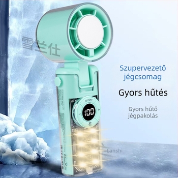 Kézi ventilátor brushless motorral, műanyag lapátokkal, beépített 2000–4000 mAh akkumulátor, jég hűtés, 100 sebességfokozat