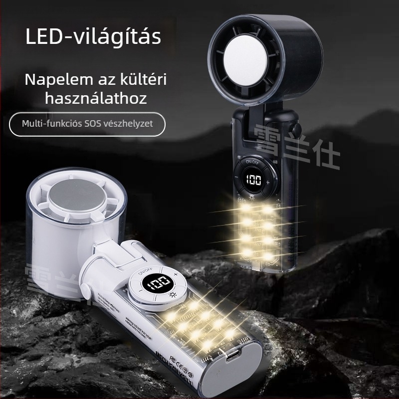 Kézi ventilátor brushless motorral, műanyag lapátokkal, beépített 2000–4000 mAh akkumulátor, jég hűtés, 100 sebességfokozat