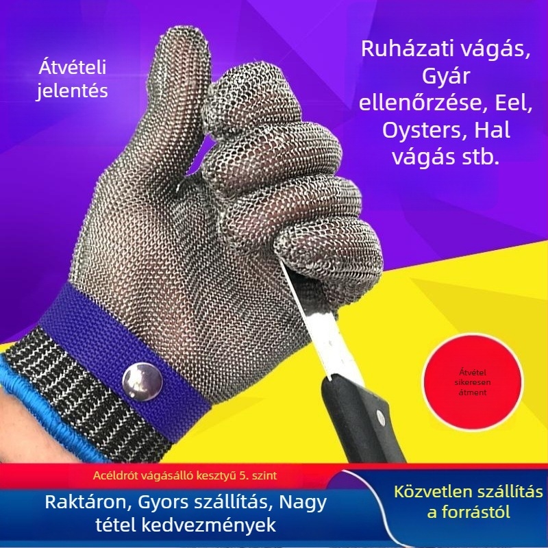 316L rozsdamentes acélhálóval szőtt vágásvédő kesztyűk, vágásvédelmi szint 5, kopásállóság 5, használat: vágás, állatfeldolgozás, fémipari feldolgozás