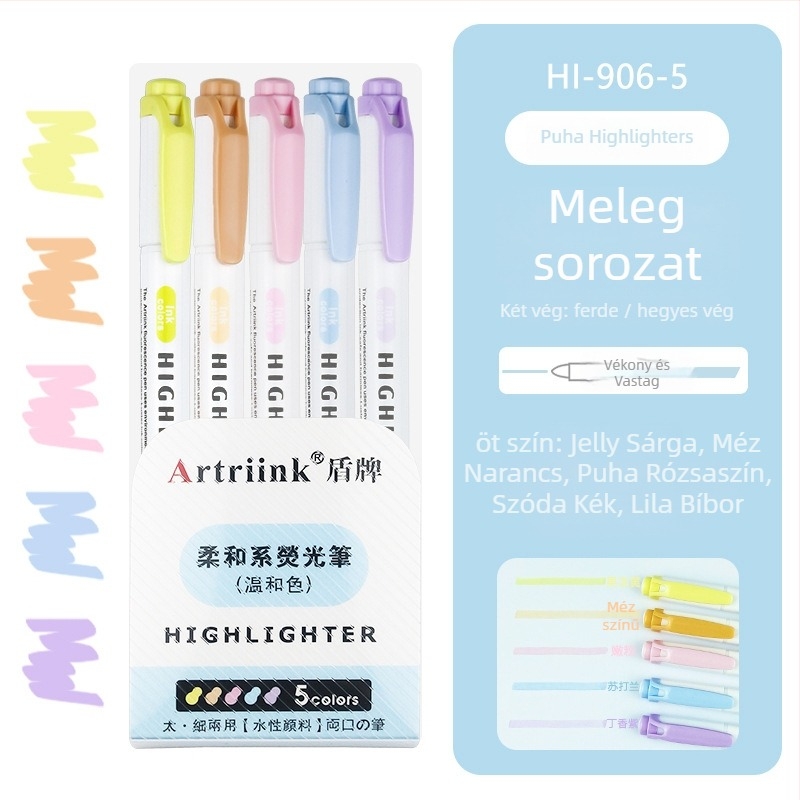 Kétoldalas fluoreszkáló marker diákoknak, tervező/kiemelő marker, nagy láthatóság, nem szívja át a papírt, modell 906-5, Shield