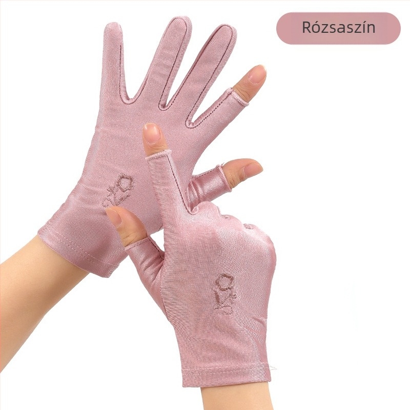 Nyári női napsugárzás elleni kesztyűk, ujjak nélkül, vékony, kerékpározáshoz és vezetéshez, ice silk hímzéssel, elasztikus, érintőképernyő-kompatibilis, teakezelésre (Kopásálló; Magas hőállóság; Vágásálló; Csúszásmentes)