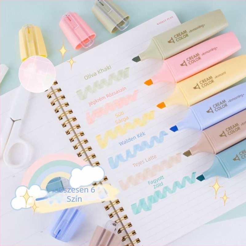 Kedves rajzfilm-stílusú fluoreszkáló tollak készlet, műanyag tokkal, egyoldalas fej, nem törölhető, több színű tervező tollak