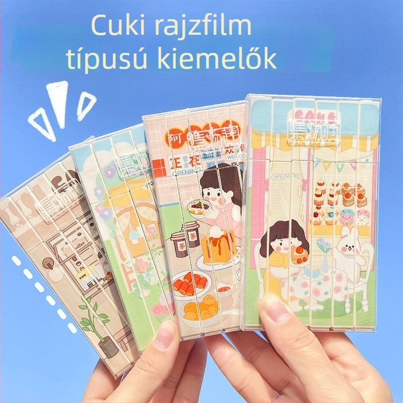 Kedves rajzfilm-stílusú fluoreszkáló tollak készlet, műanyag tokkal, egyoldalas fej, nem törölhető, több színű tervező tollak