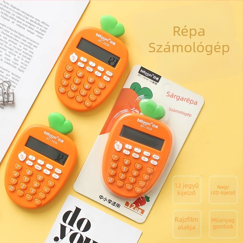 Sárgarépa témájú hordozható, csendes számológép általános iskolásoknak, 12 számjegy kijelző, AA elemre működik.