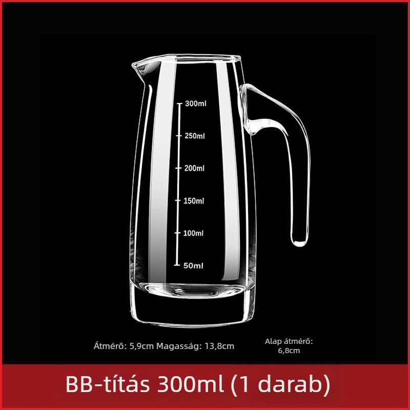 Otthoni használatra készült dekantáló készlet mérő pohárral és skálával, ólommentes kristályüvegből