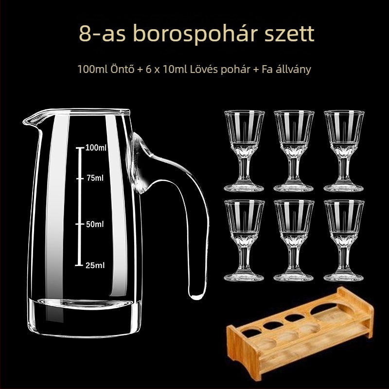 Otthoni használatra készült dekantáló készlet mérő pohárral és skálával, ólommentes kristályüvegből