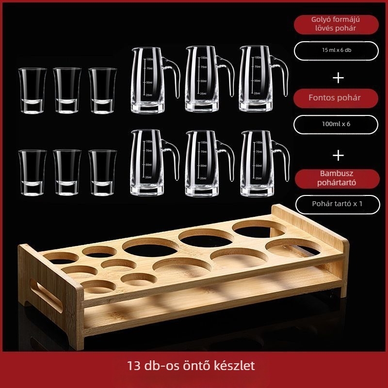 Otthoni használatra készült dekantáló készlet mérő pohárral és skálával, ólommentes kristályüvegből