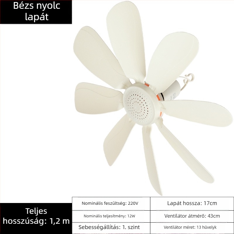 Kis mennyezeti ventilátor kollégiumi szobába – AC táplálás, 220V, 10W, zaj 36–45 dB, alkalmas 10 m²-ig