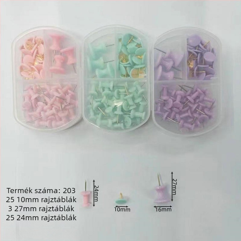 Macaron színű háromrekeszes irodai készlet: papírkapcsok, hosszú farkú kapcsok, körkapcsok és tűzők