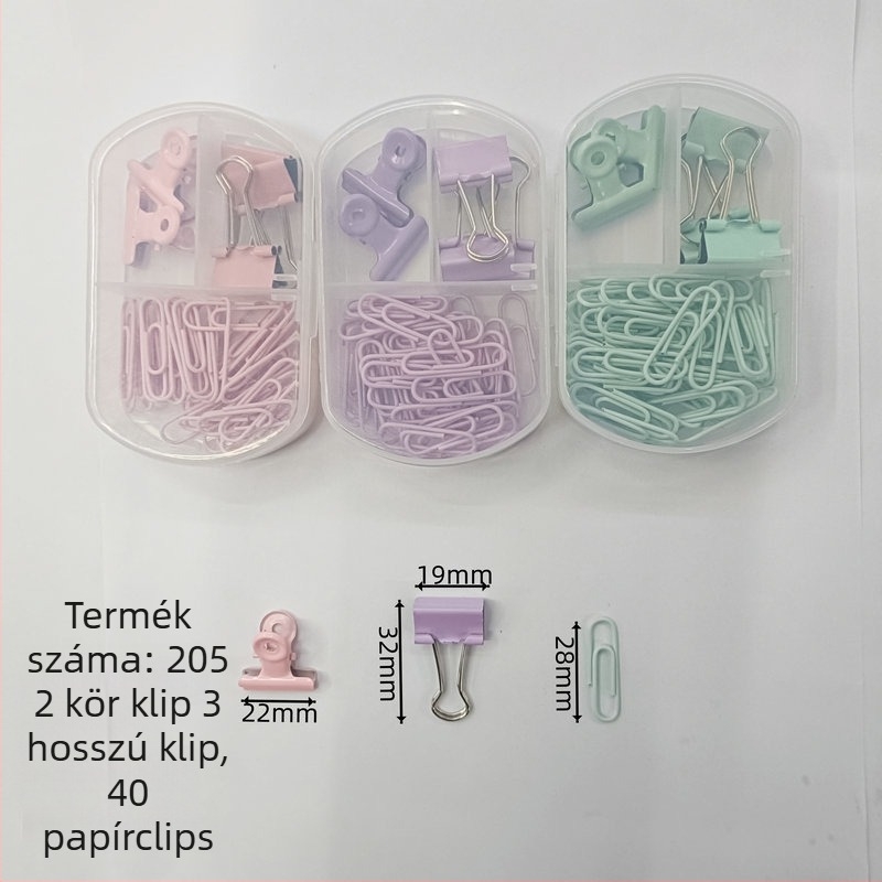 Macaron színű háromrekeszes irodai készlet: papírkapcsok, hosszú farkú kapcsok, körkapcsok és tűzők