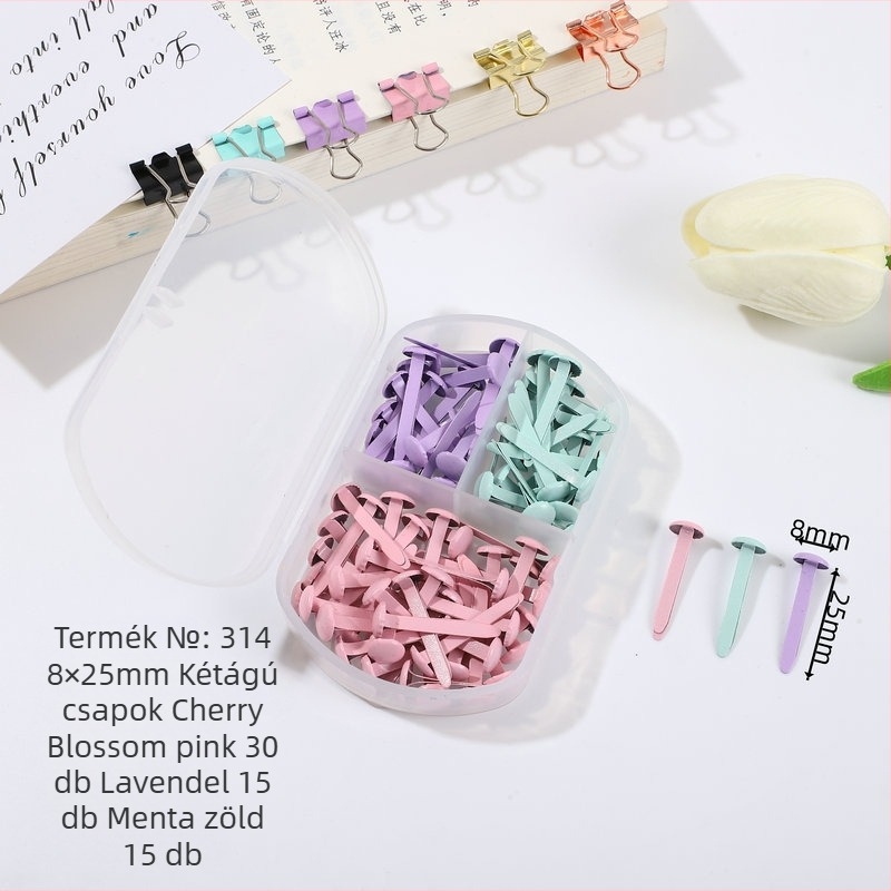 Macaron színű háromrekeszes irodai készlet: papírkapcsok, hosszú farkú kapcsok, körkapcsok és tűzők