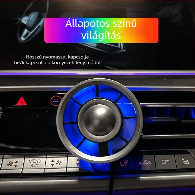 Autós USB ventilátor környezeti világítással, 3 sebesség, brushless motor, zaj kevesebb mint 36 dB