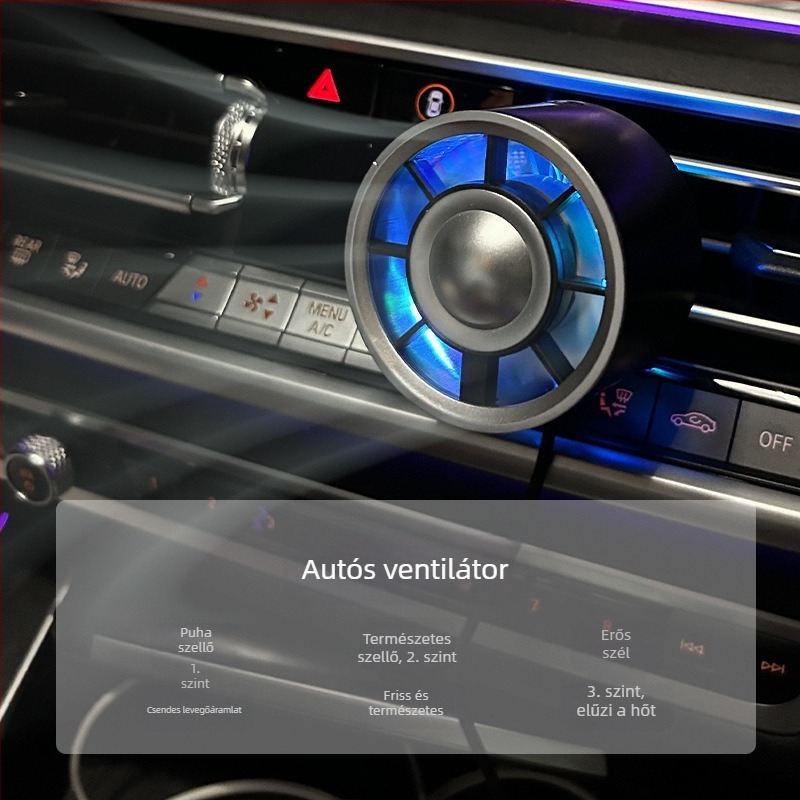 Autós USB ventilátor környezeti világítással, 3 sebesség, brushless motor, zaj kevesebb mint 36 dB