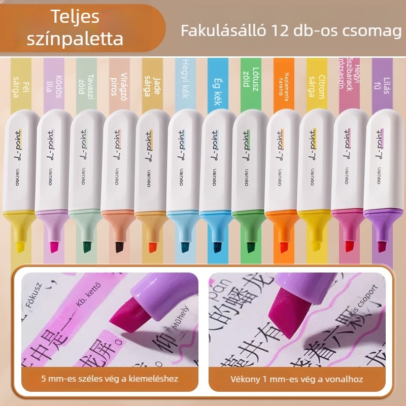 Deli kiemelő toll diákoknak – 12 darab, ferde heg, műanyag ház, modell Dl-ygb-04620, nem törölhető