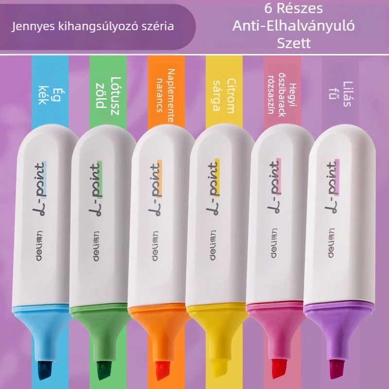 Deli kiemelő toll diákoknak – 12 darab, ferde heg, műanyag ház, modell Dl-ygb-04620, nem törölhető