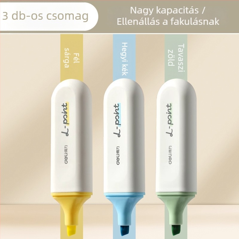 Deli kiemelő toll diákoknak – 12 darab, ferde heg, műanyag ház, modell Dl-ygb-04620, nem törölhető