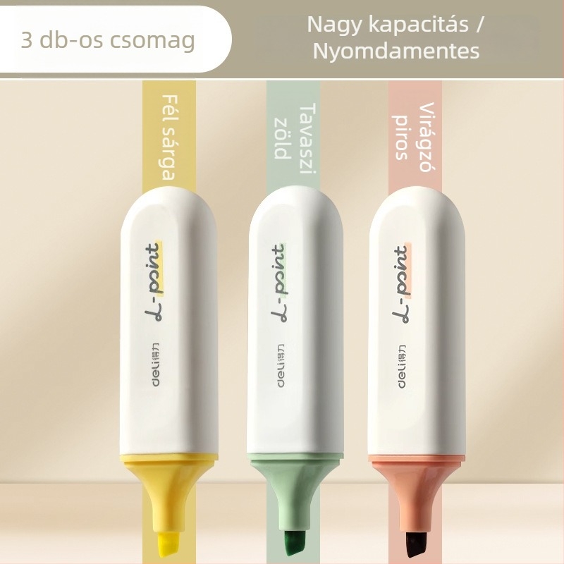 Deli kiemelő toll diákoknak – 12 darab, ferde heg, műanyag ház, modell Dl-ygb-04620, nem törölhető