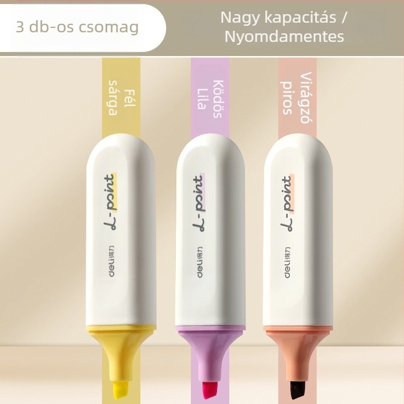 Deli kiemelő toll diákoknak – 12 darab, ferde heg, műanyag ház, modell Dl-ygb-04620, nem törölhető