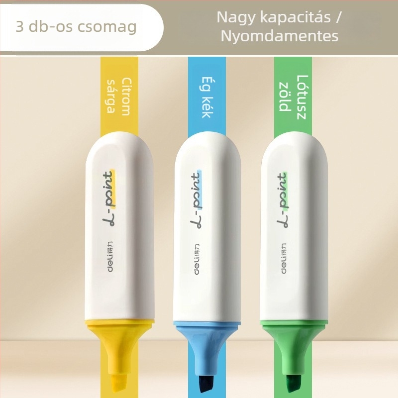 Deli kiemelő toll diákoknak – 12 darab, ferde heg, műanyag ház, modell Dl-ygb-04620, nem törölhető