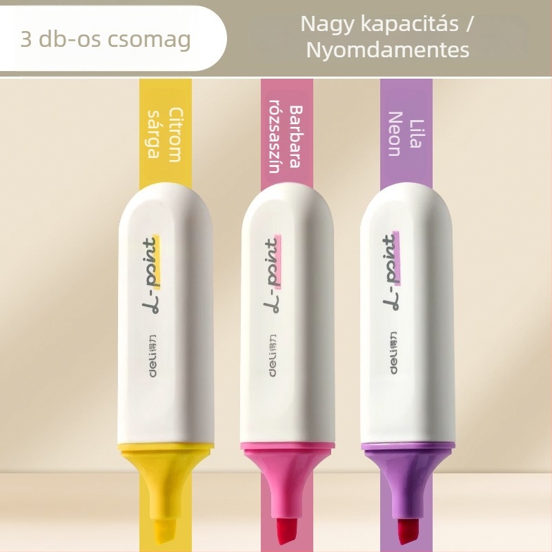 Deli kiemelő toll diákoknak – 12 darab, ferde heg, műanyag ház, modell Dl-ygb-04620, nem törölhető