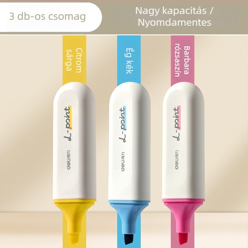 Deli kiemelő toll diákoknak – 12 darab, ferde heg, műanyag ház, modell Dl-ygb-04620, nem törölhető