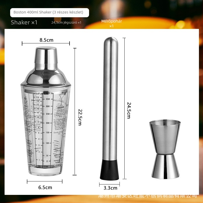 Üveg shaker készlet mérőskálával és recepttel, háromfázisú koktél shaker, üveg és rozsdamentes acél alkatrészek