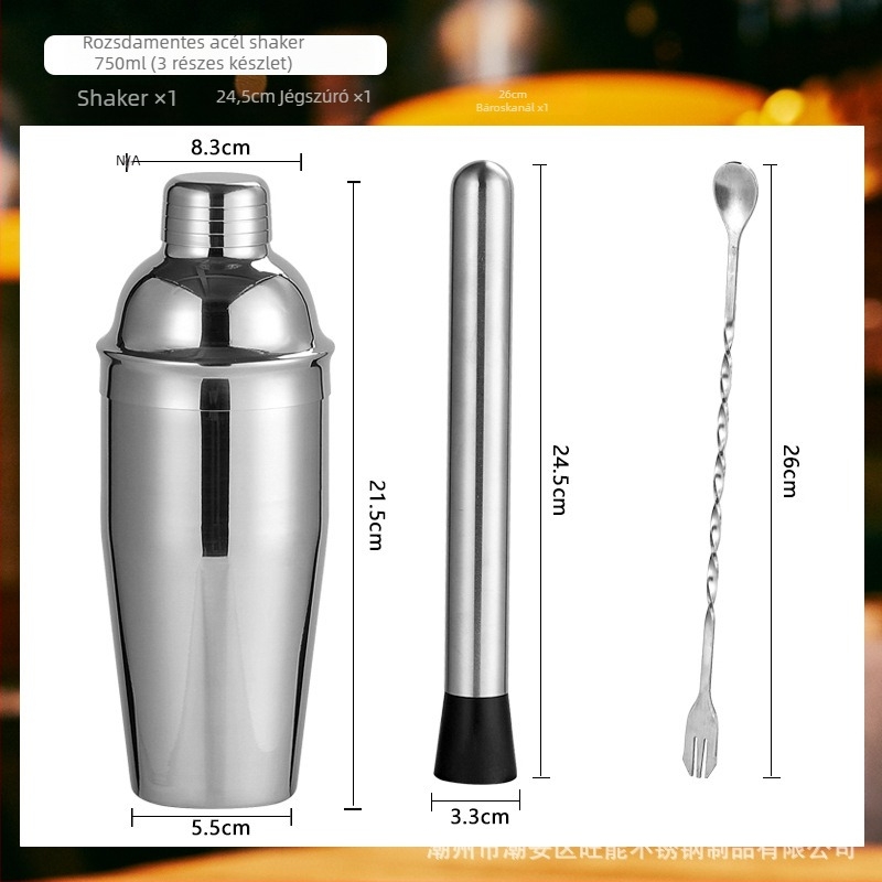 Üveg shaker készlet mérőskálával és recepttel, háromfázisú koktél shaker, üveg és rozsdamentes acél alkatrészek