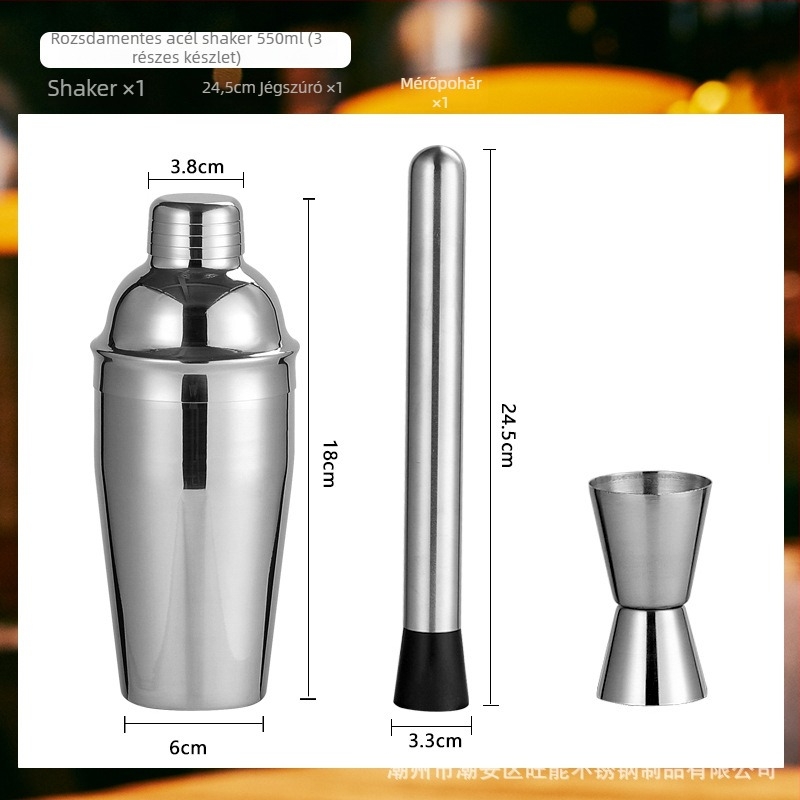 Üveg shaker készlet mérőskálával és recepttel, háromfázisú koktél shaker, üveg és rozsdamentes acél alkatrészek
