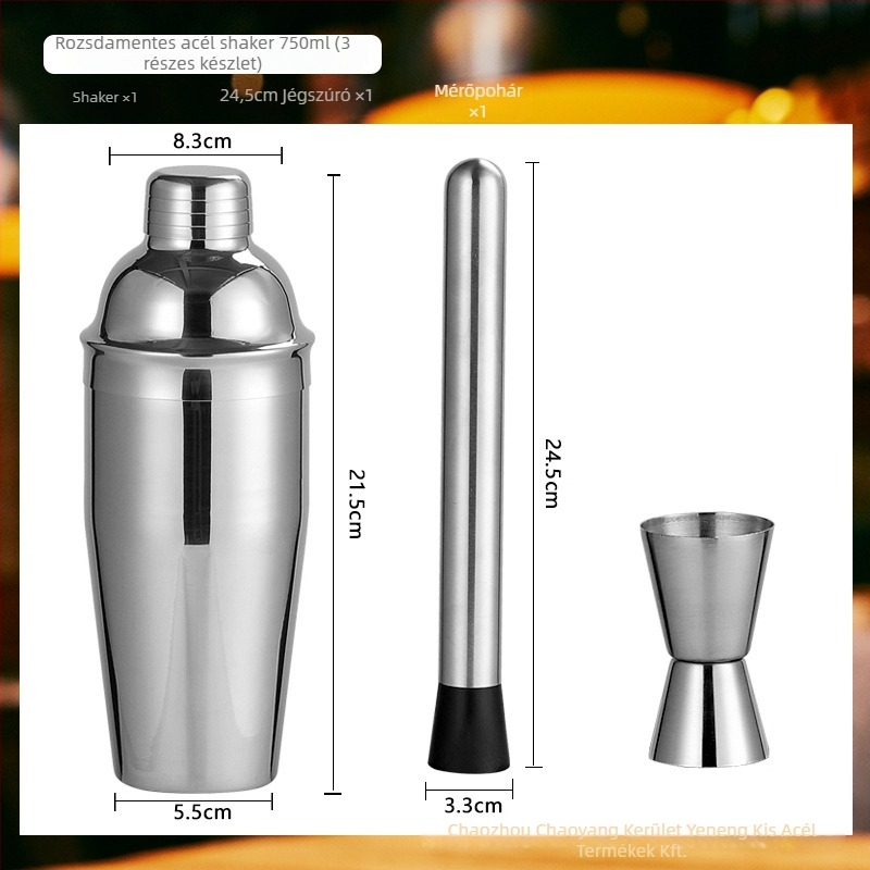 Üveg shaker készlet mérőskálával és recepttel, háromfázisú koktél shaker, üveg és rozsdamentes acél alkatrészek