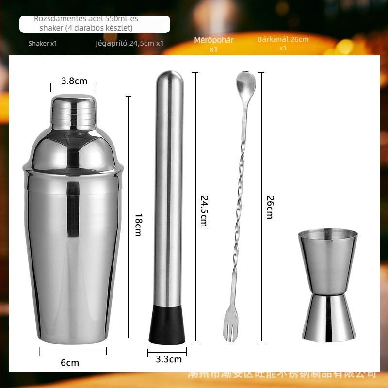Üveg shaker készlet mérőskálával és recepttel, háromfázisú koktél shaker, üveg és rozsdamentes acél alkatrészek