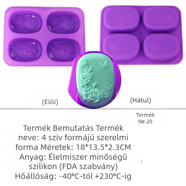 Szilikon szappanforma – négyzet alakú, több részes készlet virág- és szív alakú karikatúra formákkal DIY-hoz