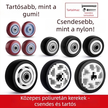 Csendes forgó görgők poliuretánból, fekete, dupla csapágy, méretek 1,5–5 hüvelyk