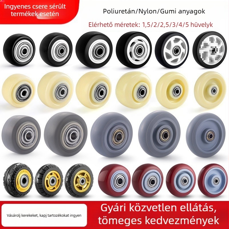 Csendes forgó görgők poliuretánból, fekete, dupla csapágy, méretek 1,5–5 hüvelyk