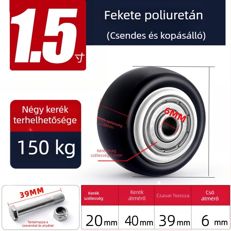 Csendes forgó görgők poliuretánból, fekete, dupla csapágy, méretek 1,5–5 hüvelyk