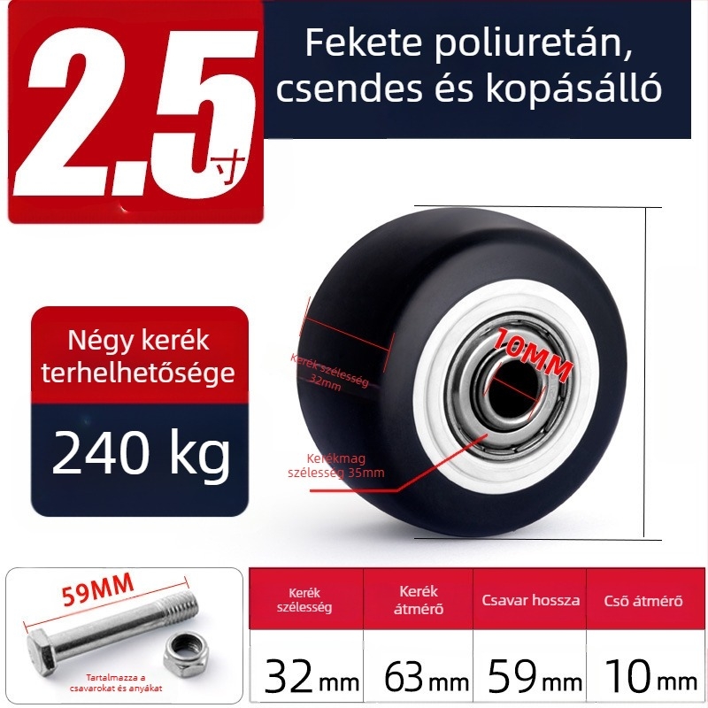 Csendes forgó görgők poliuretánból, fekete, dupla csapágy, méretek 1,5–5 hüvelyk