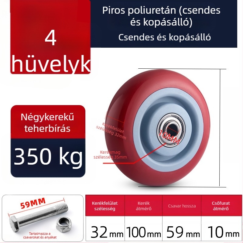 Csendes forgó görgők poliuretánból, fekete, dupla csapágy, méretek 1,5–5 hüvelyk