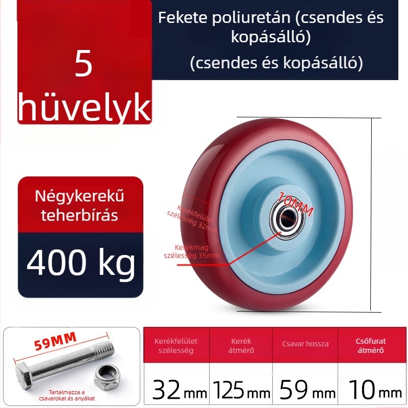Csendes forgó görgők poliuretánból, fekete, dupla csapágy, méretek 1,5–5 hüvelyk