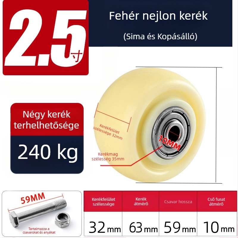 Csendes forgó görgők poliuretánból, fekete, dupla csapágy, méretek 1,5–5 hüvelyk