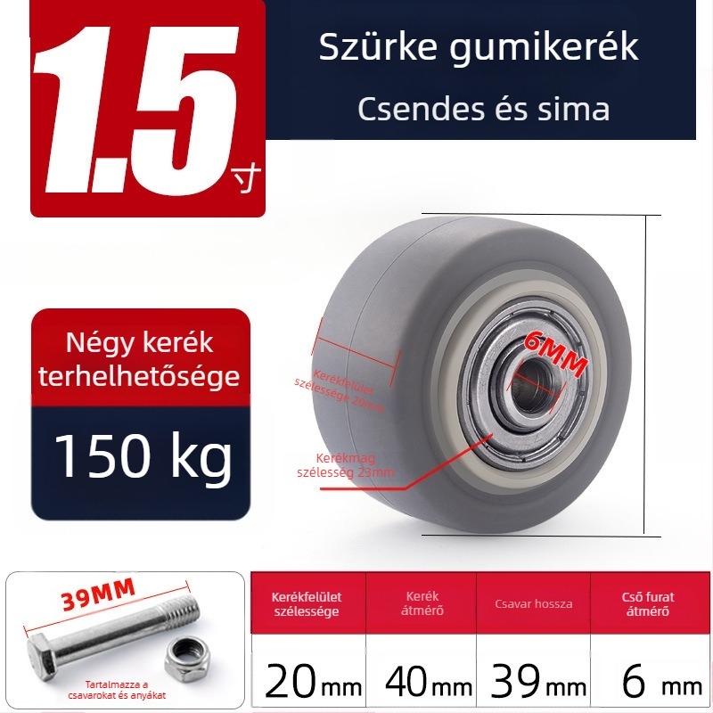 Csendes forgó görgők poliuretánból, fekete, dupla csapágy, méretek 1,5–5 hüvelyk