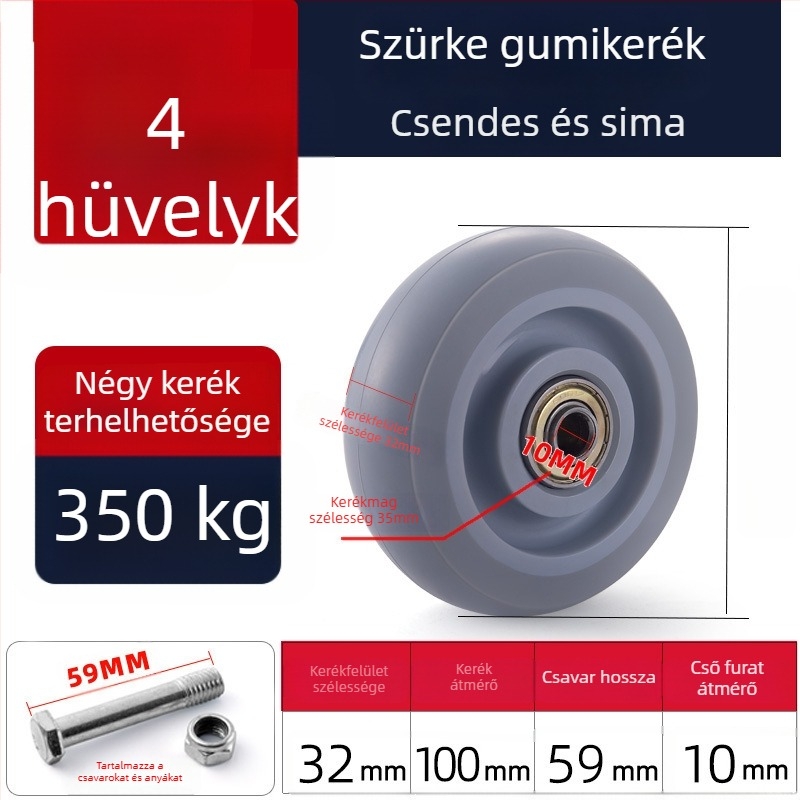 Csendes forgó görgők poliuretánból, fekete, dupla csapágy, méretek 1,5–5 hüvelyk