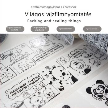 Csomagoló szalag Panda rajzfilmmotívummal, BOPP film, víz alapú ragasztó, 28 µm vastagság, erős tapadás a záráshoz és csomagoláshoz