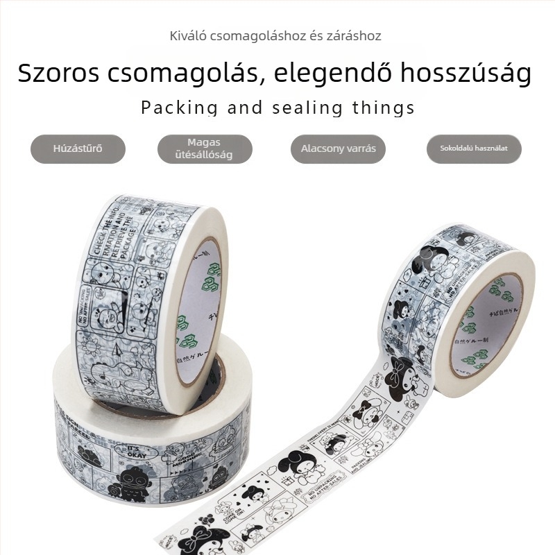 Csomagoló szalag Panda rajzfilmmotívummal, BOPP film, víz alapú ragasztó, 28 µm vastagság, erős tapadás a záráshoz és csomagoláshoz