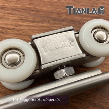 Rozsdamentes acélból készült függő görgőkészlet tolóajtókhoz, 4 görgő, modell 101, 12 mm-es tengelyátmérő, 12 mm-es kötélbarázda sugár, maximális terhelés 80 kg