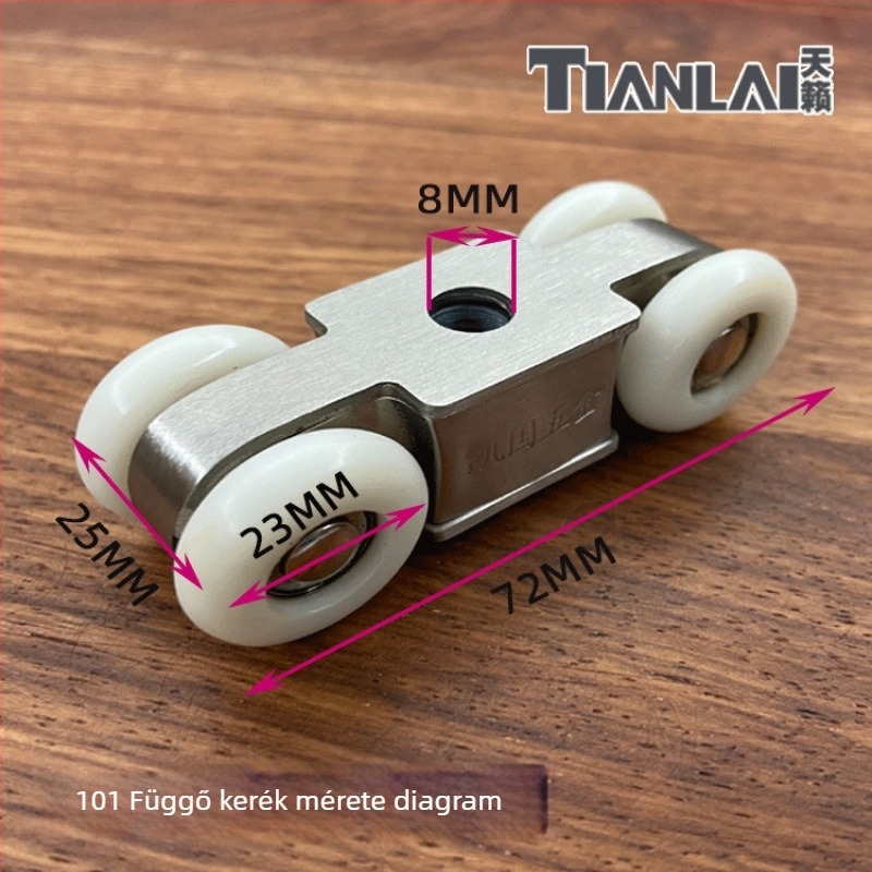 Rozsdamentes acélból készült függő görgőkészlet tolóajtókhoz, 4 görgő, modell 101, 12 mm-es tengelyátmérő, 12 mm-es kötélbarázda sugár, maximális terhelés 80 kg