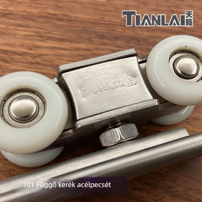 Rozsdamentes acélból készült függő görgőkészlet tolóajtókhoz, 4 görgő, modell 101, 12 mm-es tengelyátmérő, 12 mm-es kötélbarázda sugár, maximális terhelés 80 kg