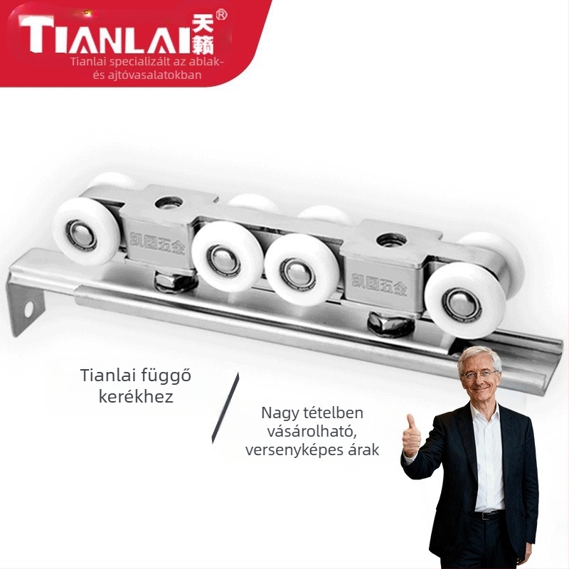 Rozsdamentes acélból készült függő görgőkészlet tolóajtókhoz, 4 görgő, modell 101, 12 mm-es tengelyátmérő, 12 mm-es kötélbarázda sugár, maximális terhelés 80 kg