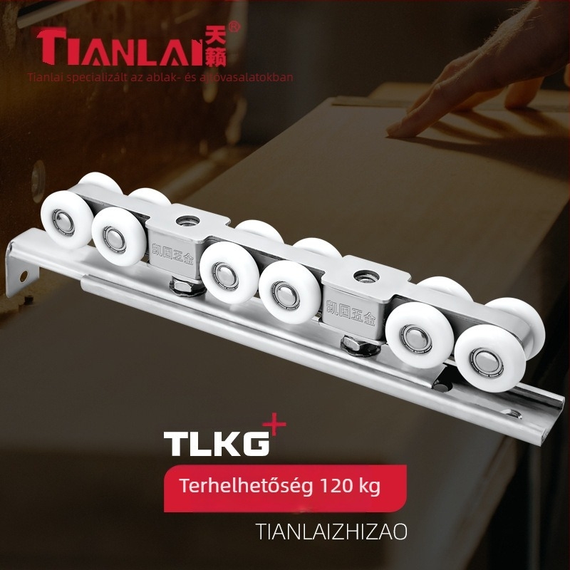 Rozsdamentes acélból készült függő görgőkészlet tolóajtókhoz, 4 görgő, modell 101, 12 mm-es tengelyátmérő, 12 mm-es kötélbarázda sugár, maximális terhelés 80 kg