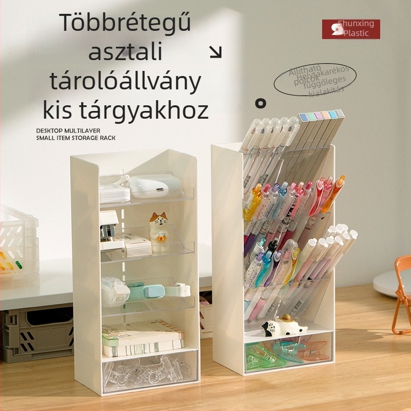 Műanyag íróasztali rendező rekeszekkel papír és tollak tárolására